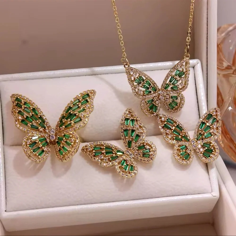 Butterfly Green 18K Gold Stainless Steel Waterproof Set - Picture 10 of 12